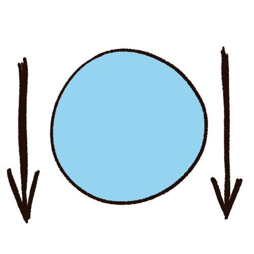 A drawing of a large light blue circle with black lineart. On each side of it there is a scribbly black arrow pointing down.